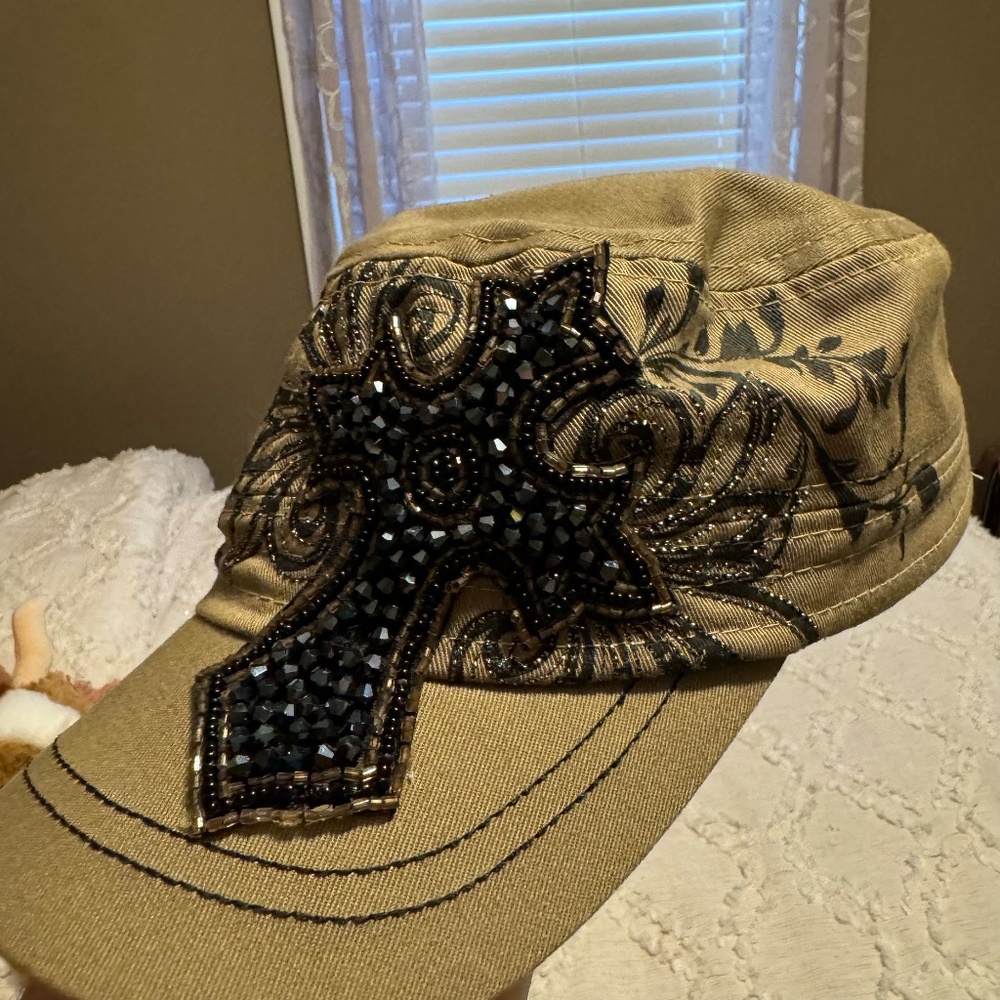 Women's Beaded Cross Khaki Hat